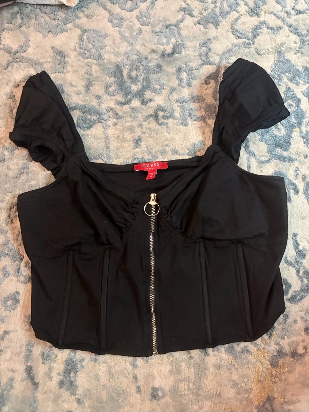 GUESS Black Zip-Front Puff Sleeve Crop Top with Ring Pull
